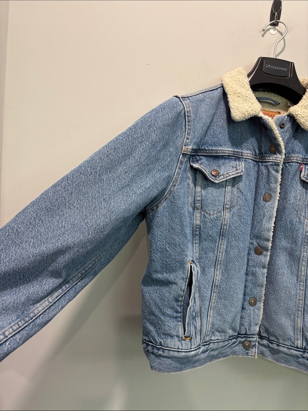 Levi’s Women’s Blue Denim Sherpa Jacket Cream Collar Trucker Size xl - Picture 5 of 15